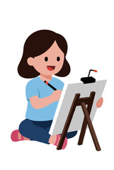 Fototapeta premium Cheerful young girl sketching artwork on wooden easel at lamp, charming hand-drawn vector cartoon illustration depicting creativity and childhood artistic hobby, isolated on white background, perfect