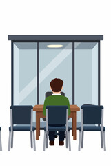 Fototapeta premium Hand-traced vector illustration of a man sitting inside a glass interview room, viewed from behind a row of chairs outside, depicting a modern office hiring scene