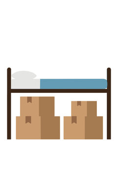 Vector illustration of cardboard moving boxes tucked neatly under a wooden bunk bed frame with a blue mattress and pillow, perfect flat design clipart for storage and relocation themes