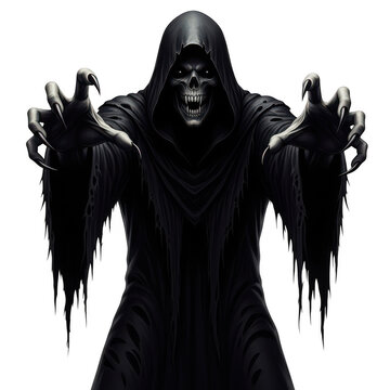 Mysterious hooded figure with dark cape standing isolated