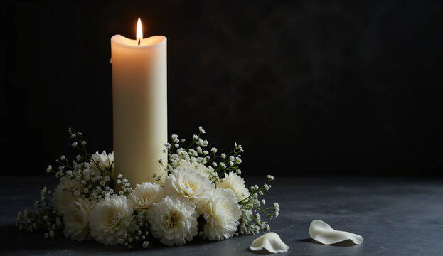 Burning memorial candle surrounded by white flowers on a dark background with copy space