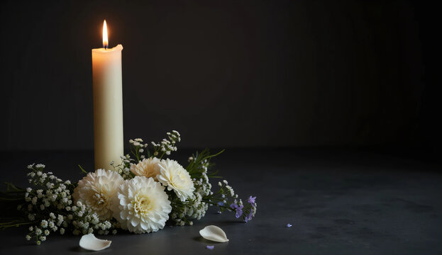 Burning memorial candle surrounded by white flowers on a dark background with copy space