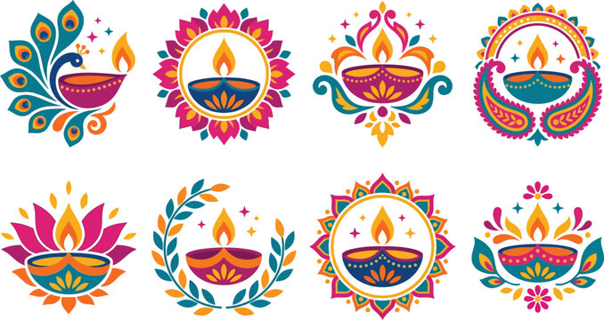 A collection of colorful decorative diwali diya lamp illustrations featuring traditional indian patterns and festive floral elements for holiday celebration designs