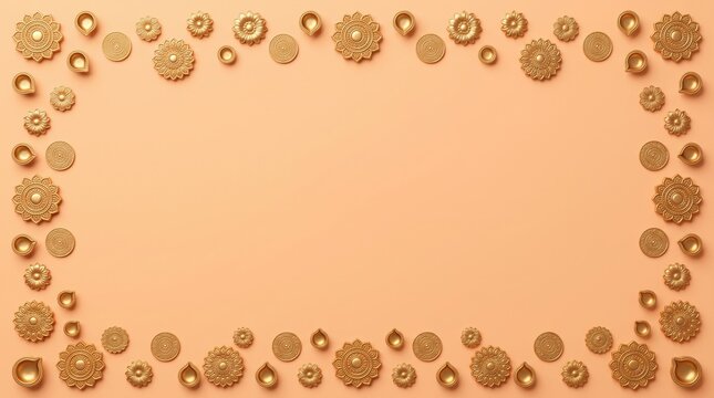 Decorative golden floral frame with diya lamps on peach background for festive occasions.