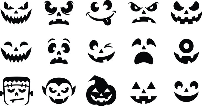 Spooky carved jack o lantern pumpkin face vector icon set