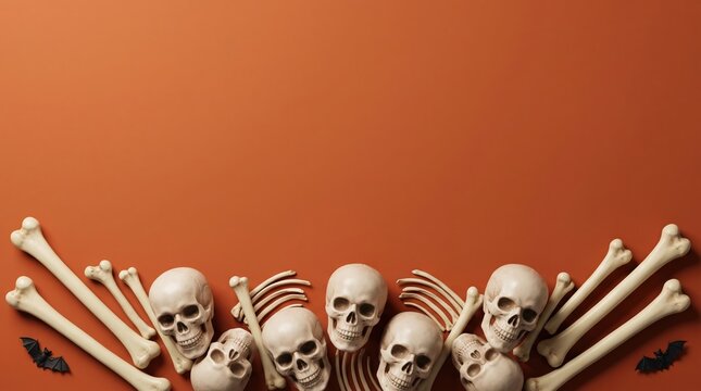 Halloween arrangement of skulls and bones with bats on orange background.
