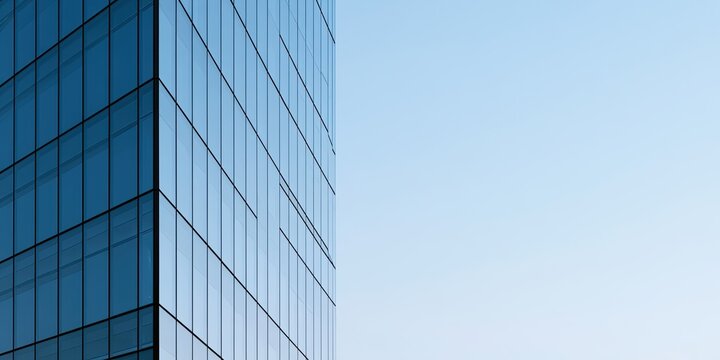 Modern glass skyscraper corner against a clear blue sky