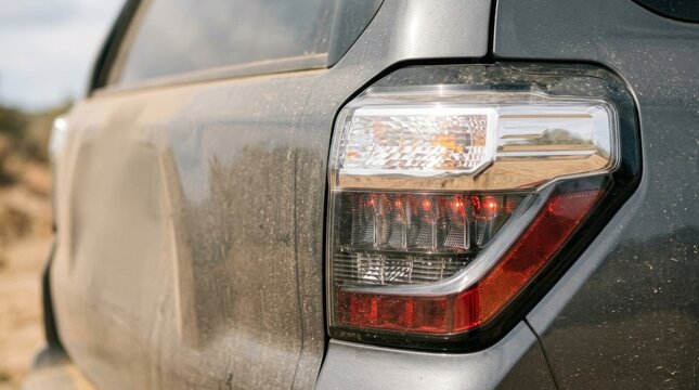 Dusty SUV rear tail light with textured lens, close-up side profile, rugged automotive concept for modern design