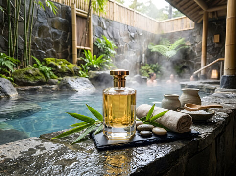 Golden perfume bottle on slate tray by hot spring with spa items and people.