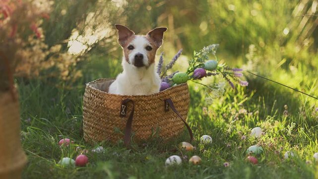 A Jack Russell Terrier dog sits in a basket surrounded by flowers outdoors. Soft golden sunlight creates cheerful cinematic countryside footage mood.