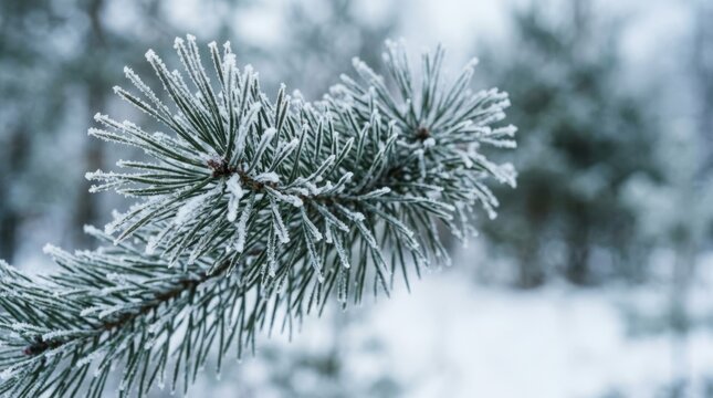 Frost crystals on pine needles in a blue-tinged winter woodland, macro close-up with ample copy space