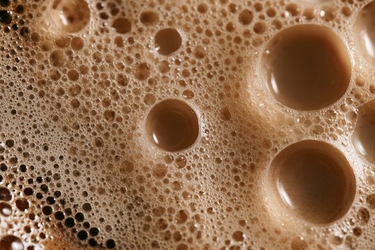Close-up view of creamy brown foam with numerous bubbles, some large