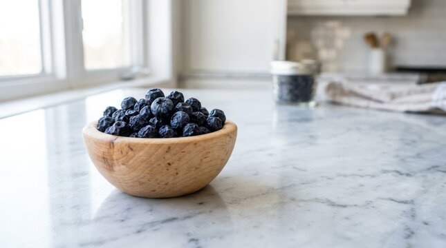 Dried blueberries in a wooden bowl on a marble counter, bright natural light, with ample copy space for design