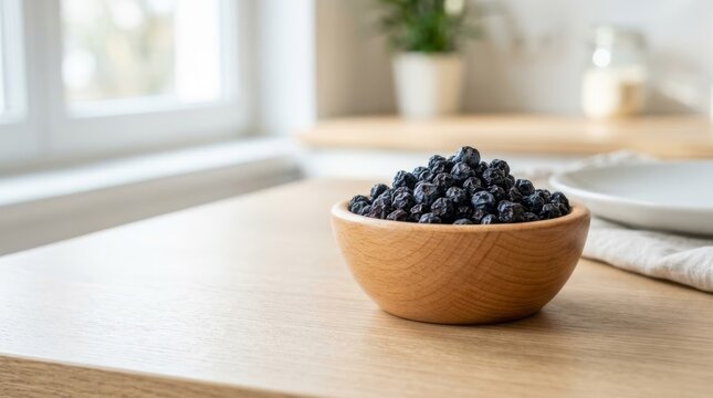Dried blueberries in a natural beech wood bowl on a bright kitchen counter, healthy food ingredient for breakfast or baking