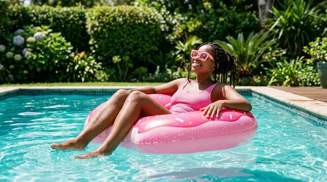 Young Black woman reclining on pink inflatable donut float in turquoise swimming pool surrounded by lush tropical greenery on sunny summer day
