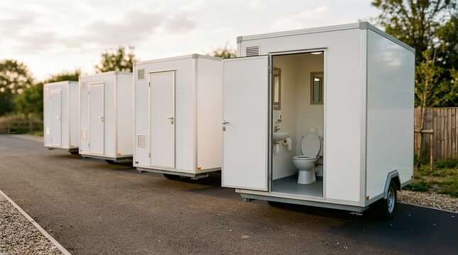 Row of plain white portable restroom trailers parked on asphalt in golden afternoon light with open door revealing clean toilet interior, perfect for outdoor events