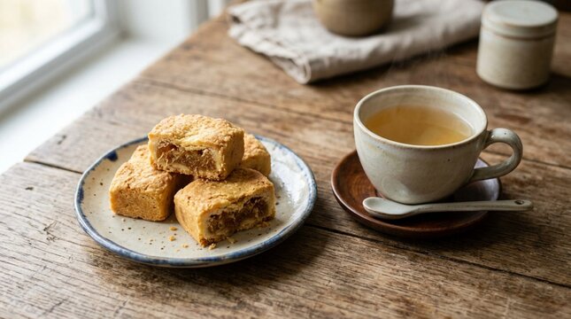 Golden-brown rectangular pineapple cakes on a small ceramic plate served with a cup of tea on a rustic wooden table, traditional Asian pastry snack delight