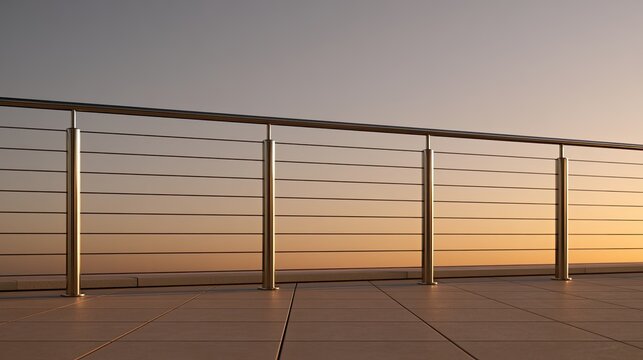 Modern balcony railing with horizontal cables against a warm sunset sky