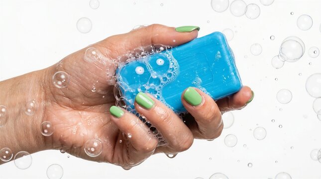 Hand Holding A Vibrant Blue Soap Bar Surrounded By Bubbles And Fresh Design Elements.