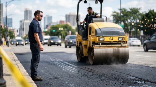 Road construction worker overseeing asphalt paving with steam roller on city street, urban infrastructure upgrade