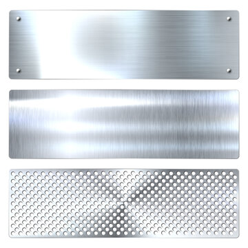 Realistic shiny metal banners set, textured brushed steel, polished copper surfaces, and chrome frames. Industrial plates include secure bolts, rivets, and screws. Vector illustration.
