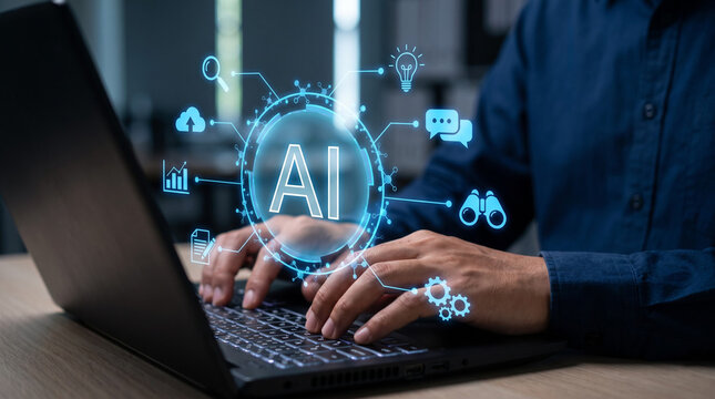 Person using a laptop with artificial intelligence icons floating above the keyboard