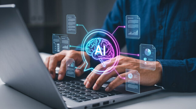 Person using a laptop with artificial intelligence graphics floating above the keyboard
