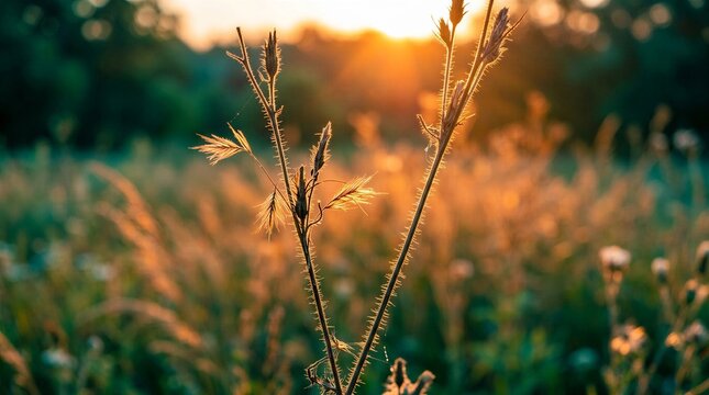 Golden Light Glimmers On Grass In Tranquil Nature Setting At Sunset