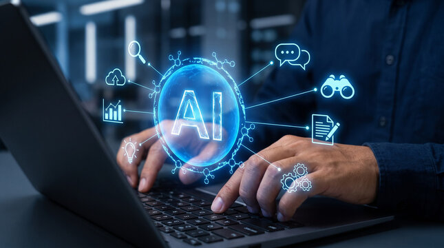 Person using a laptop with artificial intelligence icons floating above the keyboard