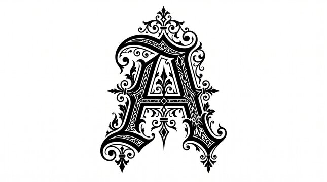 Vintage ornate letter A, decorative gothic initial monogram, black filigree alphabet symbol on white background