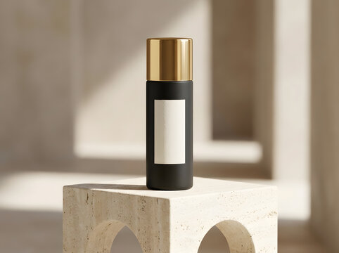 Minimalist matte black cosmetic spray bottle on a travertine podium in North America.