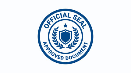 Fototapeta premium Official seal stamp with circular typography, central shield, and laurel wreath denoting an approved document status.