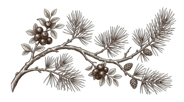 Vintage botanical illustration of a pine branch with berries and cones isolated on transparent background