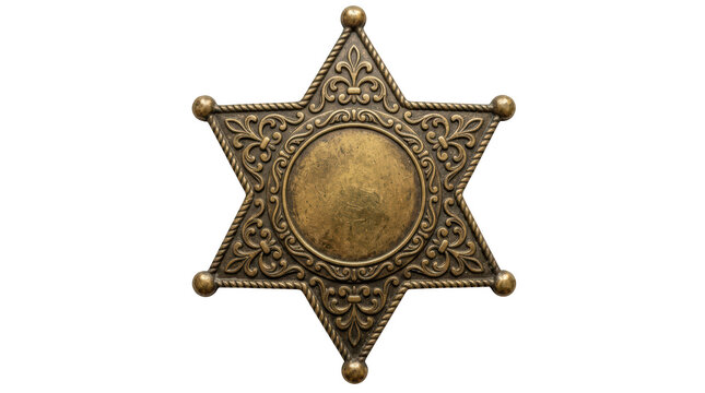 Vintage brass sheriff star badge isolated on transparent background