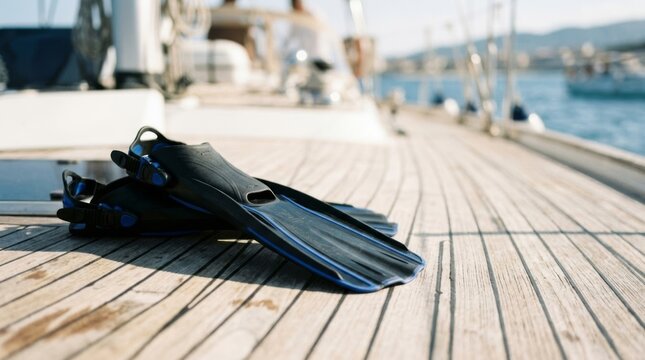 Scuba diving fins resting on a polished teak deck of a yacht on a bright sunny day, ready for ocean adventure