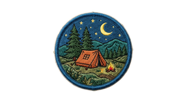 Embroidered patch featuring a camping scene with a tent and campfire isolated on transparent background