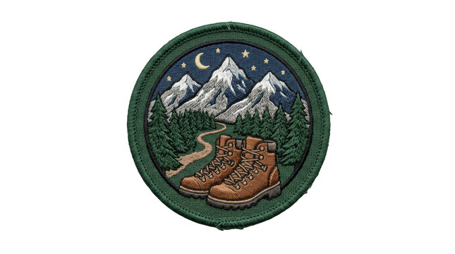 Embroidered hiking patch featuring mountains, forest, and boots isolated on transparent background