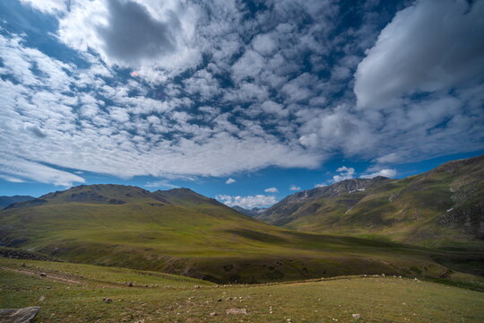 View of the vast green landscape of Deosai National Park with rolling hills under a dramatic cloudy blue sky in Astore, Gilgit Baltistan, Pakistan.