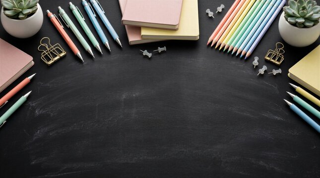 A Creative Work-Space Setup With Colorful Stationery On A Black Chalkboard Background.