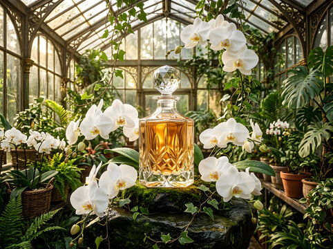 Perfume bottle in lush greenhouse amidst blooming white orchids and green plants.