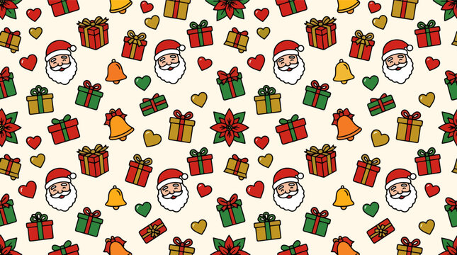 Whimsical christmas pattern with santa claus faces presents bells and hearts