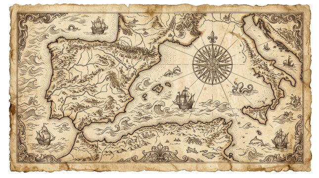 Vintage nautical map of the mediterranean sea with ships and sea monsters isolated on transparent background