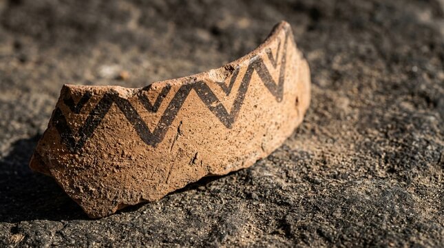 Close-up of ancient terracotta pottery fragment with dark painted chevron zigzag pattern along curved rim resting on stone surface archaeological artifact