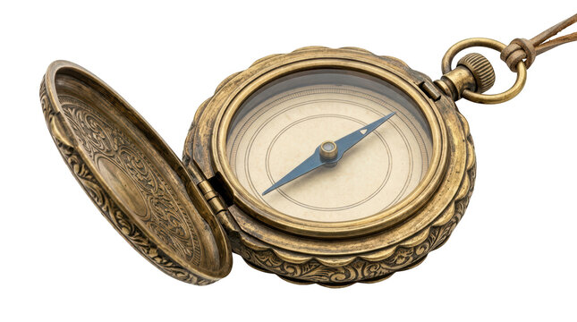 Vintage brass pocket compass isolated on transparent background
