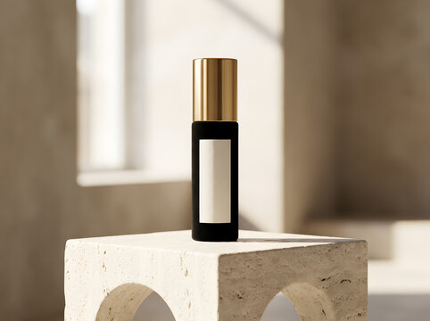 Sophisticated black skincare bottle on stone pedestal for North America beauty ads.