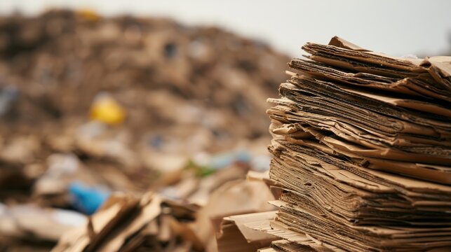 Stacked cardboard in a landfill, with a blurred pile of refuse in background