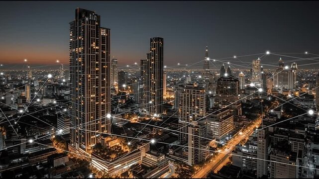 Smart digital city with connection cyber security network reciprocity over the twilight cityscape.future wireless digital city and social media networking systems that connects people within the city