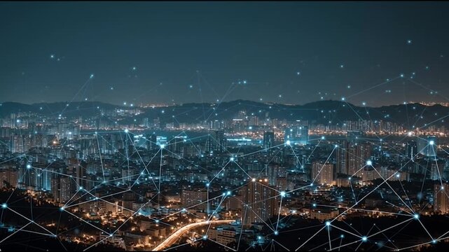 Smart digital city with connection cyber security network reciprocity over the twilight cityscape.future wireless digital city and social media networking systems that connects people within the city