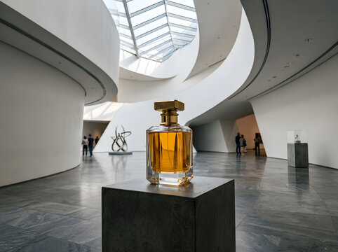 Amber liquid perfume bottle standing on dark concrete pillar in art museum space.