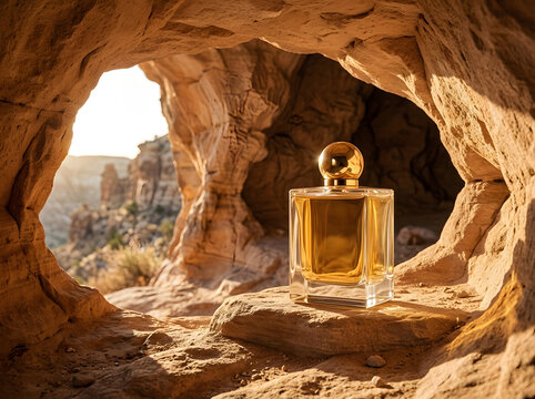 Amber perfume bottle displayed inside a cave with scenic desert backdrop.